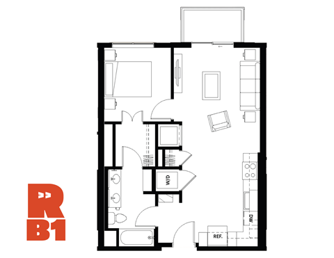 Floor plan for 1 bed, 1 bath, 674 sqft